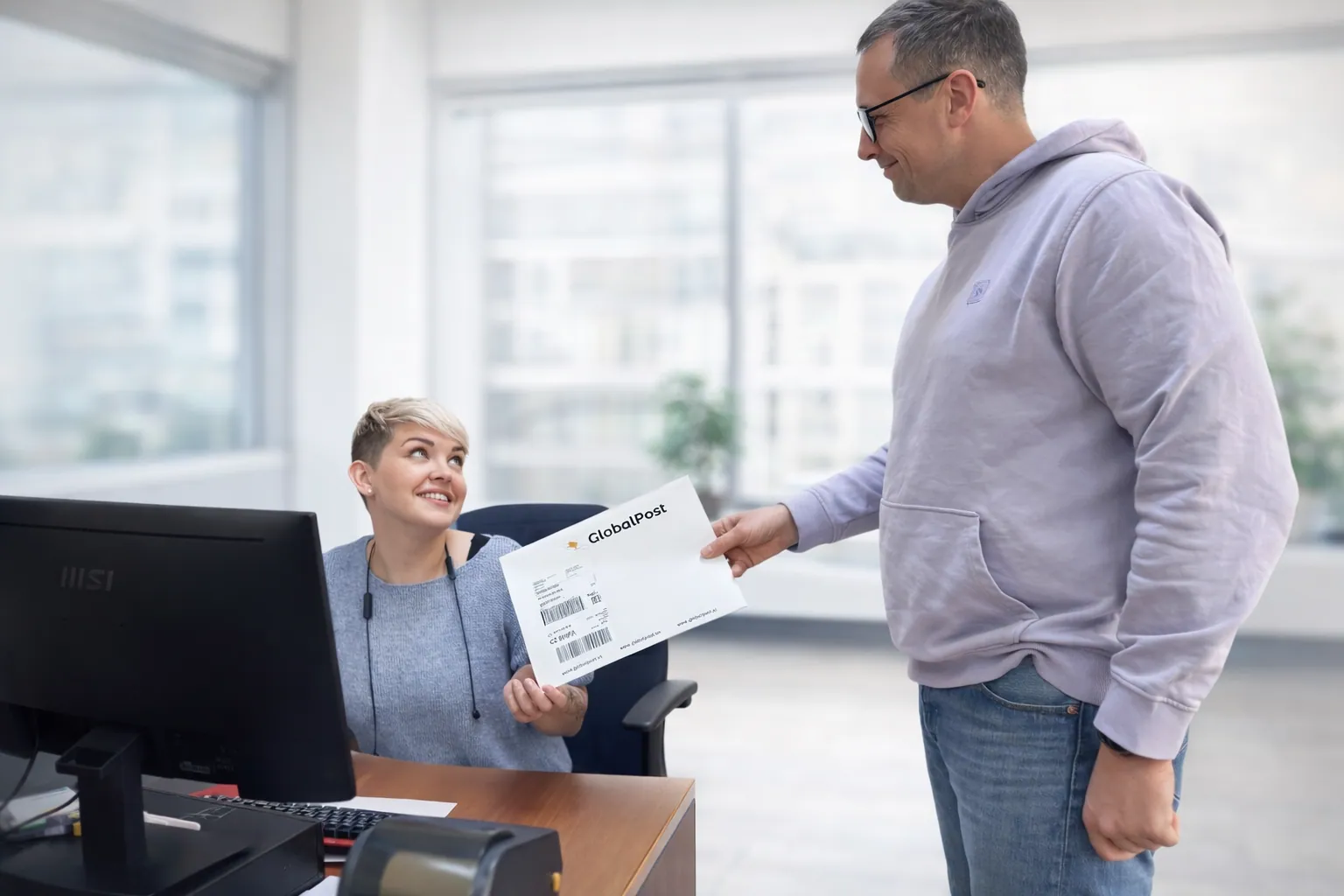 Менеджер GlobalPost передает конверт с документами в офисе